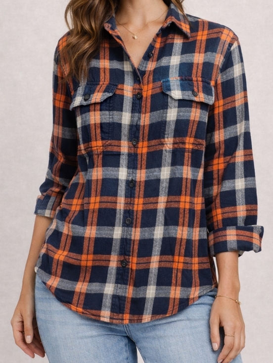 Old Navy Tops - Old Navy Casual Plaid Shirt - Navy and Orange